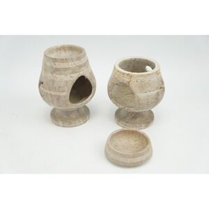 2pc Set Hand Carved Soapstone Tea Light Essential Oil Burner Moon Star Tan EUC